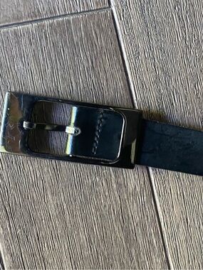 Express Leather Black Belt with Rectangular Polished Buckle, Size M